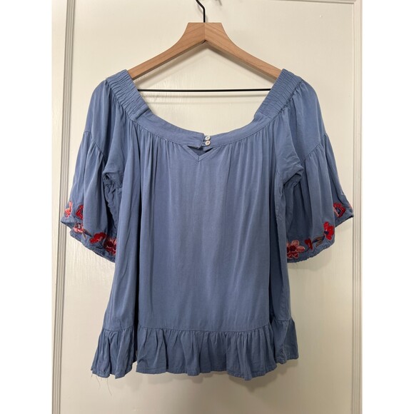 Umgee Blue Off Shoulder Embroidered Floral Ruffle Top - Women's M - Picture 2 of 9
